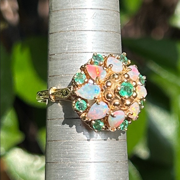 14K Yellow Gold “FM” Natural Fiery Opals & Green Emeralds Ring - Picture 9 of 9